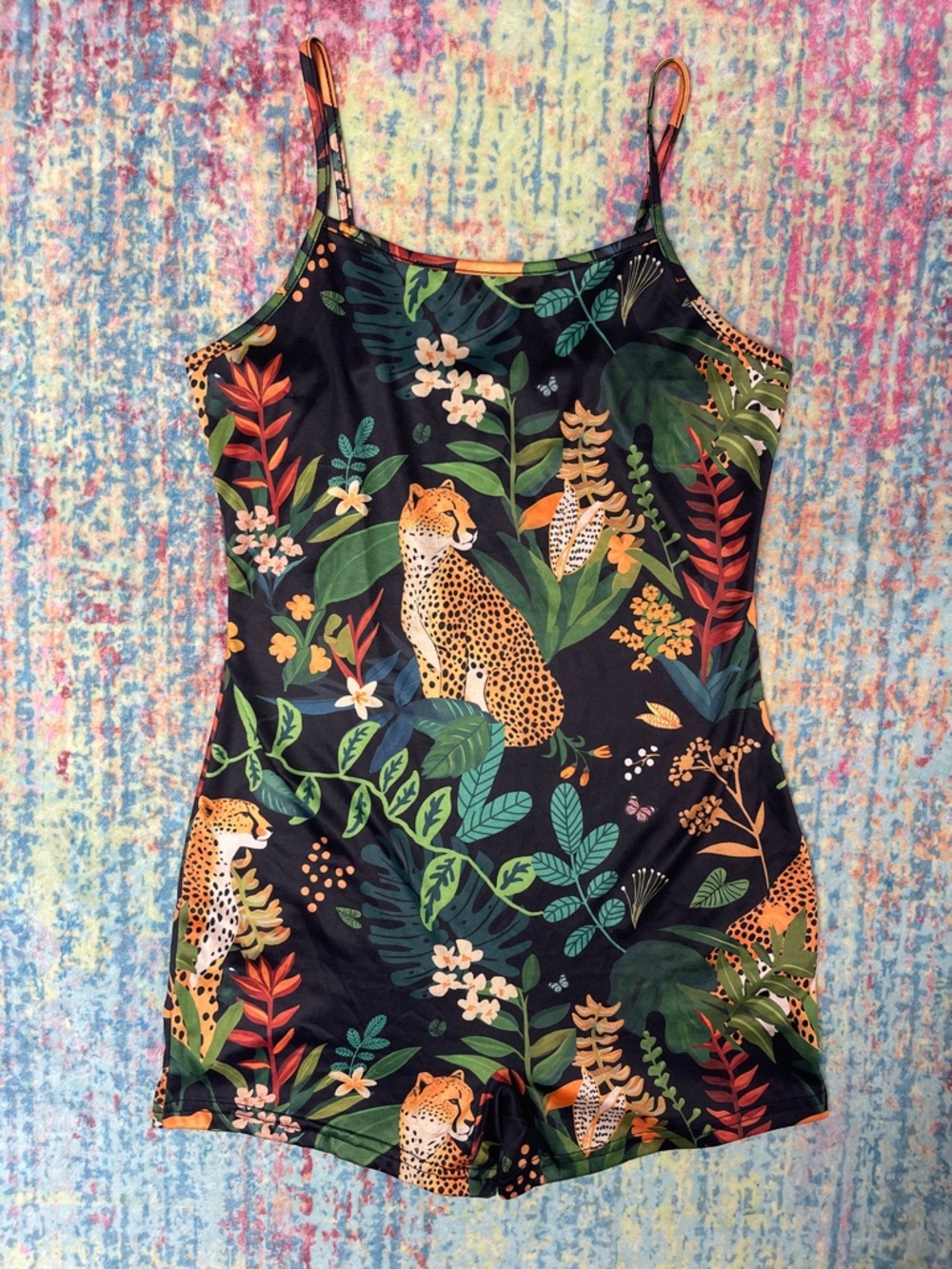 💙💕SHEIN Black Tropical Leopard Print Romper